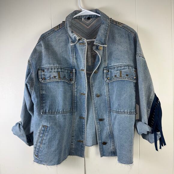 Denim Jacket Floral Embroidery Suede Fringe Western - Picture 1 of 5